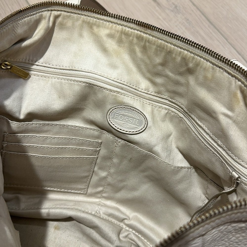 Fossil Off White Leather Rose Gold Handbag Purse Over the Shoulder Bag Zip Close - Picture 10 of 13